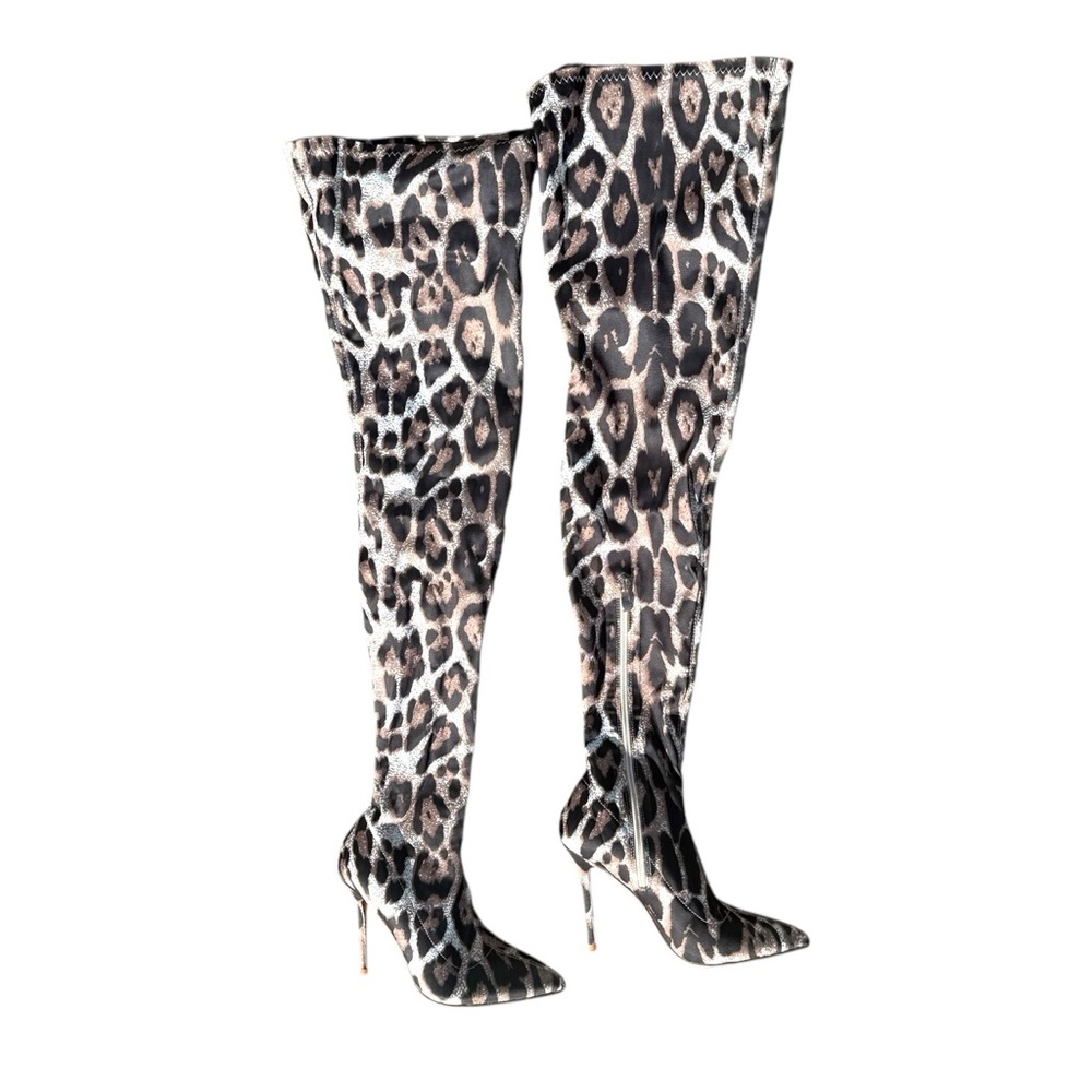 NEWBELLA Stretch Leopard Print Over-the-Knee Pointed Toe Stiletto Boots Size 6 - Picture 5 of 15